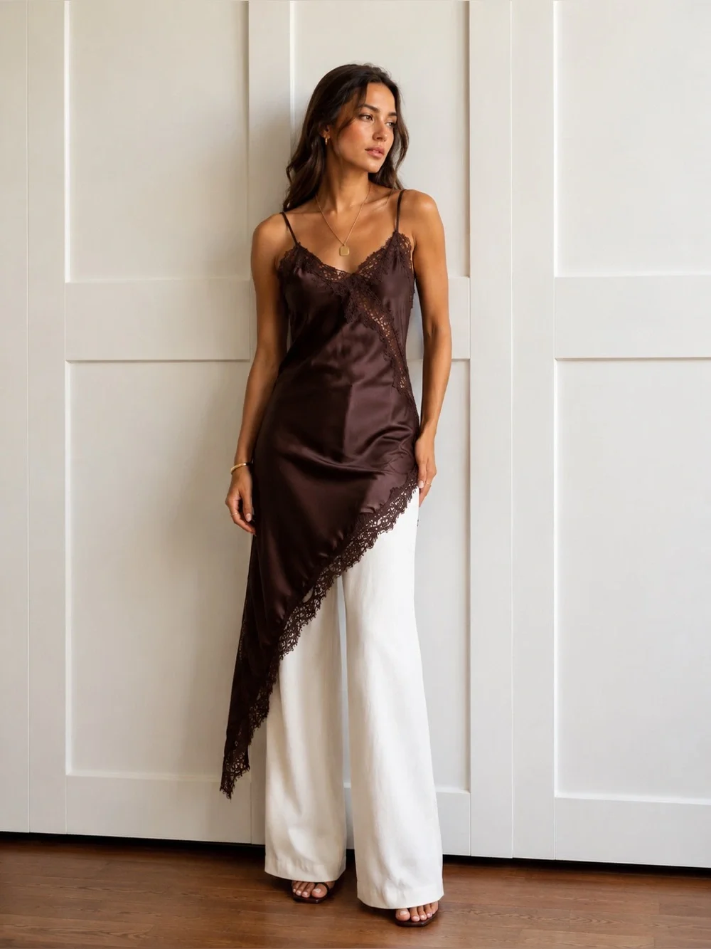 ZARA Satin Effect Chocolate Brown Lace Trim Asymmetric Slip Dress NWT - Picture 1 of 16